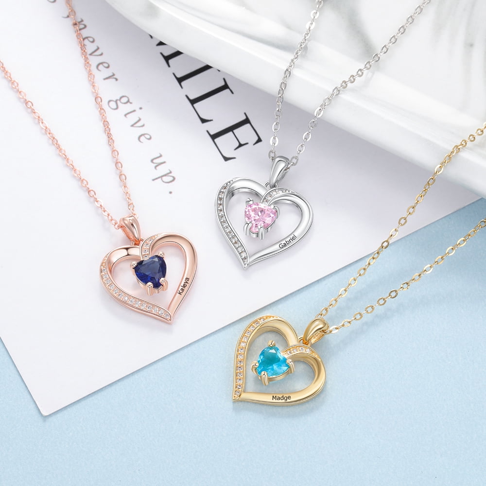 Personalized Planet Women's CZ Heart Engraved Birthstone Necklace