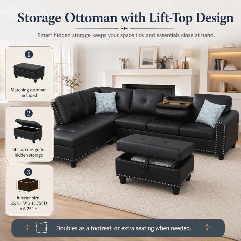 L-Shaped Sectional Sofa with Storage Ottoman, 4-Seat Modern Couch with Left-Facing Chaise and Built-In Cup Holders, Faux Leather Modular Sofa for Living Room, Apartment, Office