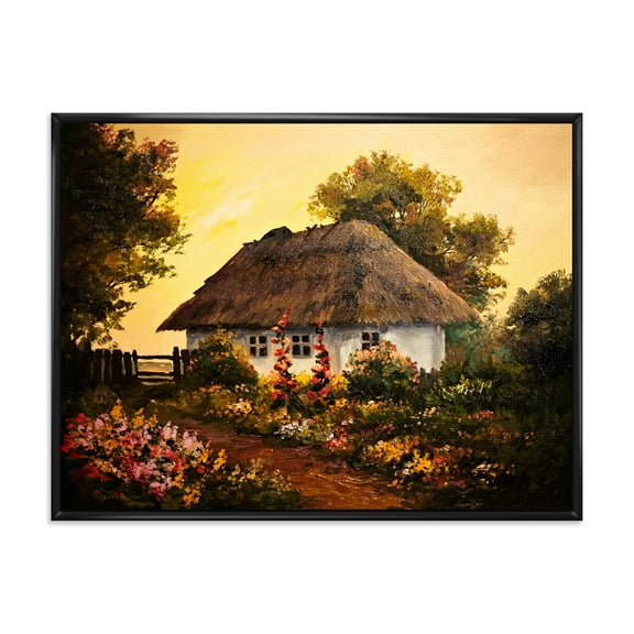 Traditional Cottage At Sunset In Autumn Flowers 20 in x 12 in Framed Painting Canvas Art Print, by Designart