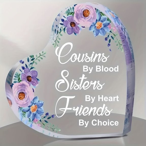 Heartfelt Gift For Cousin - Acrylic Heart Sign Plaque With Vibrant Purple Flower Decor, Collectible Figurines, Cousins By Blood, Sisters By Heart, Aesthetic Keepsake & Paperweight, Home Decor