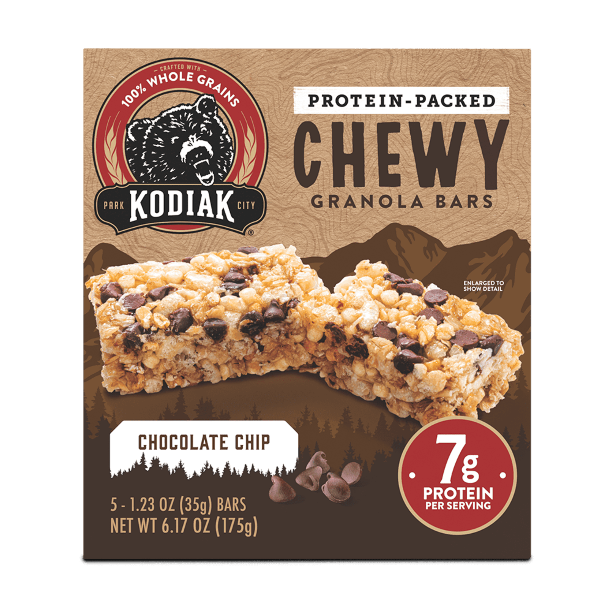(3 pack) Kodiak Chocolate Chip Chewy Protein Granola Bars, 1.23 oz, 5 Count Cardboard Box