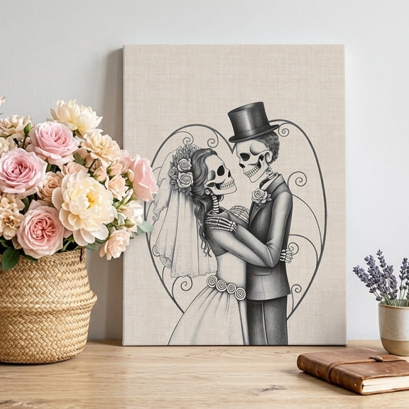 Halloween Canvas Wall Art for Living Room, Skeleton Couple Skull Spooky Horror Poster Print Painting for Bedroom Office Home Decoration Wall Pictures Prepare To Hang 12"x18"