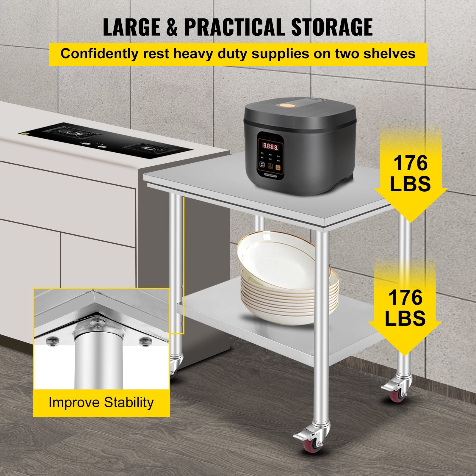 KFFKFF Commercial Work Food Prep Table, 36"x24" Stainless Steel Rolling Kitchen Cart with 4 Caster Wheels ,Heavy Duty Worktable Adjustable Undershelf