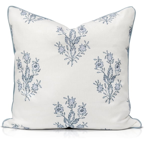 Periwinkle Floral Block Print Pillow Cover – Blue and Off-White Decorative Throw Pillow Cover – Grandmillennial Home Decor,
