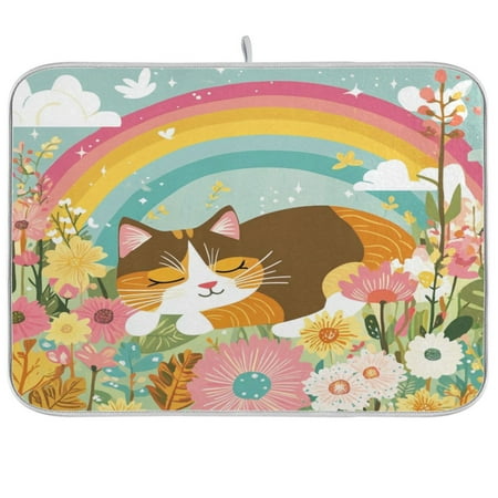 

Kitchen Drying Mat 16x18In Drying Dish Mat Dish Drying Mats Kitchen Countertop Multi-Function Drain Drying Mat Kitchen Table Sleeping Rainbow Cat