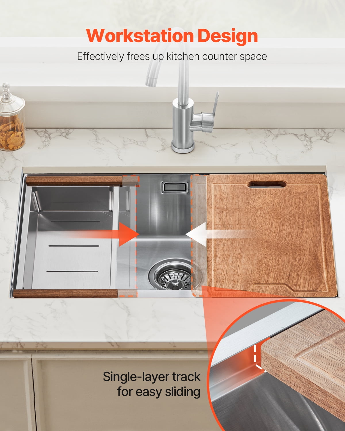 KFFKFF 23-inch Undermount Kitchen Sink,  304 Stainless Steel Single Bowl Drop-In Farmhouse Basin with Ledge & Various Add-ons, Domestic Dishwasher Sinks Suitable for Workstation, RV