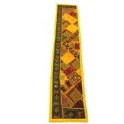 Mogul Vintage Table Runner Yellow Embroidered Mirror Work Table Throw Indian Tapestry