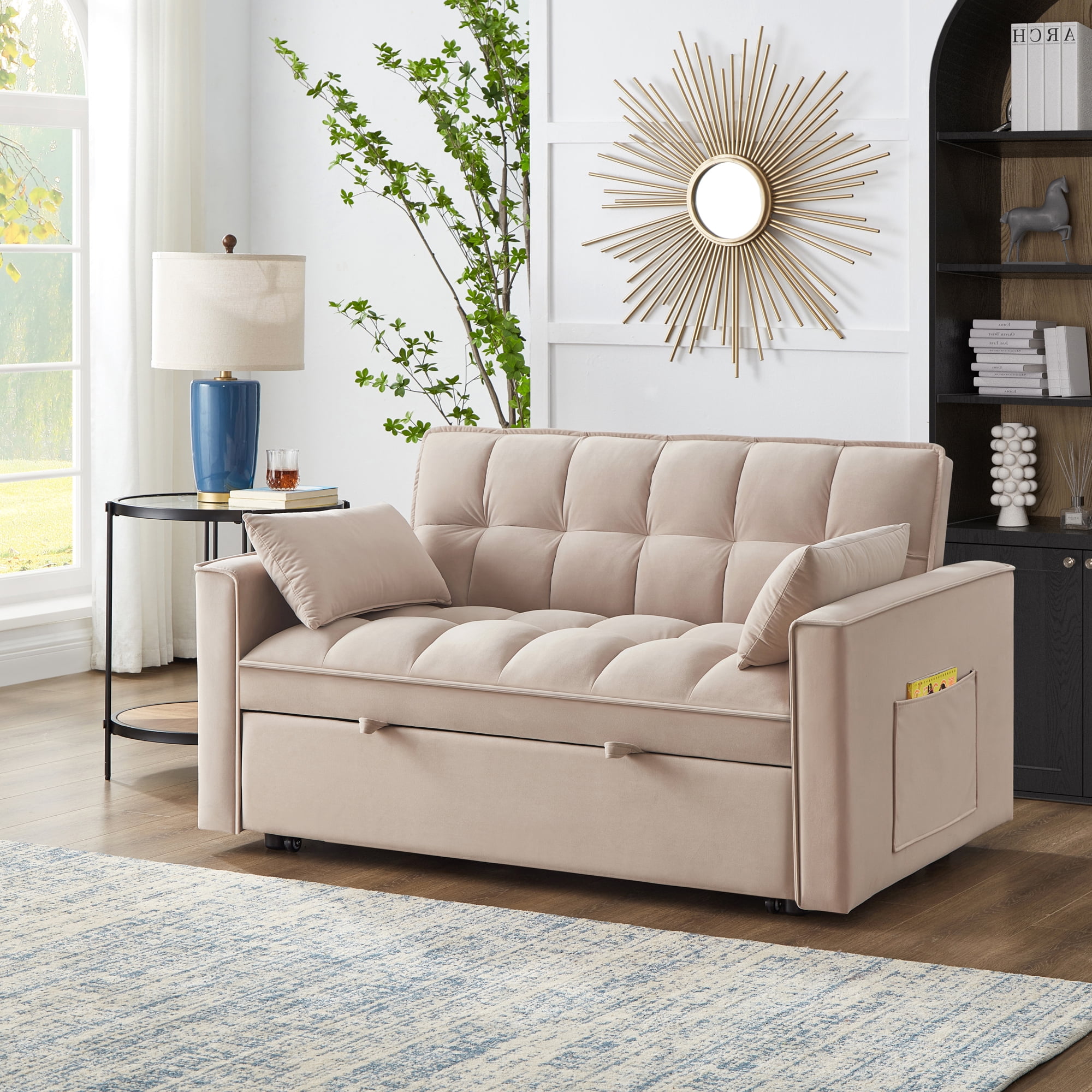 3 in 1 Convertible Sleeper Sofa Bed, 53" Modern Convertible Sofa Bed with 2 Detachable Arm Pockets,Velvet Pull Out Couch with Pull Out Bed for Living Room Furniture,Taupe