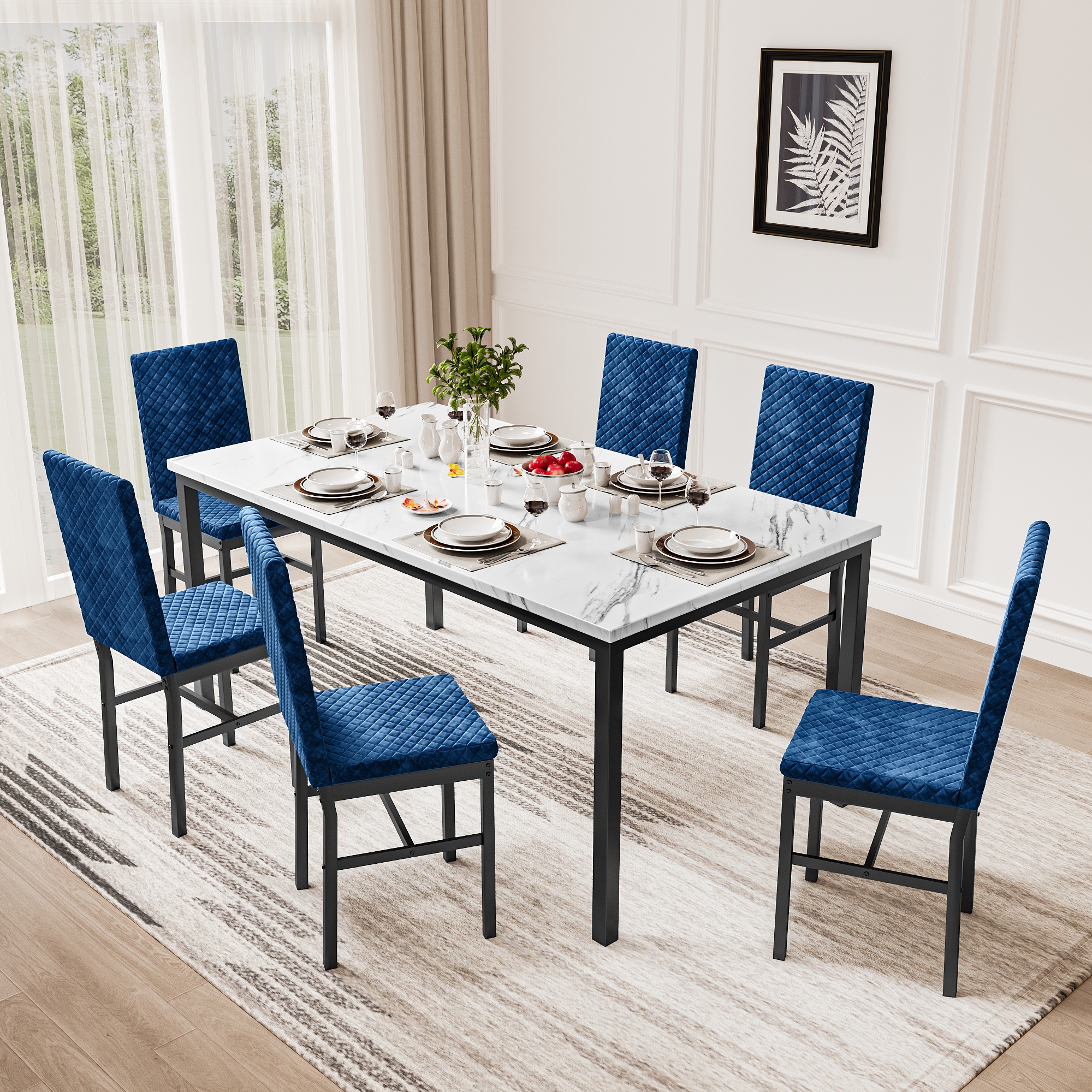 Recaceik Modern 7 Piece Dining Room Faux Marble Velvet Chairs Sets for 6, Blue