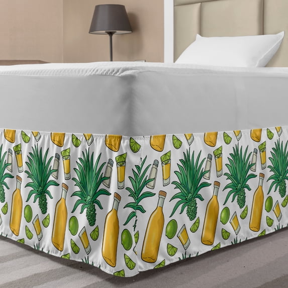 Agave Bed Skirt, Rhythmic Cacti Plant Lime Slice Full Shot of Tequila Bottle Pattern, Elastic Bedskirt Dust Ruffle Wrap Around for Bedding Decor, 4 Sizes, White Mustard, by Ambesonne