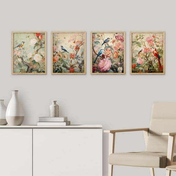 PixonSign Framed Wall Art Chinoiserie Bird and Flower Vintage Asian Inspired Floral Illustrations Posters, Set of 4 Multicolor Nature Wilderness Canvas Prints for Home Decor - 11"x14" Natural