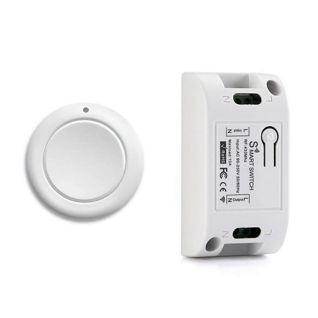 interruptor de luz inalámbrico para el hogar inteligente rf 433 mhz control remoto ac 110v 220v botón pulsador del receptor interruptor de lámpara del techo del dormitorio blanco Danna, mando redondo (45 x 30 x 13 mm) junto a receptor rectangular de ABS con bornes y etiqueta técnica; funciona a 433,92 MHz, receptor CA 90–250V, admite hasta 15 mandos y modos momentáneo/alternar/enganche; suitable para controlar lámparas de dormitorio y luces de techo.
