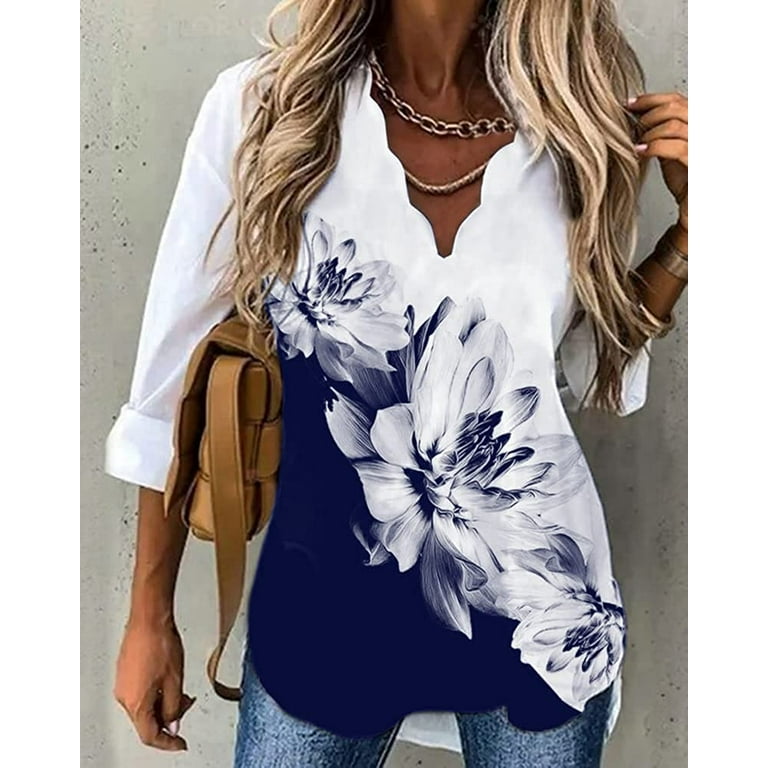 PIKADINGNIS Women Print T-Shirt Wave Collar Long Sleeve Loose Fit Tops Casual Fall Pullover Blouse