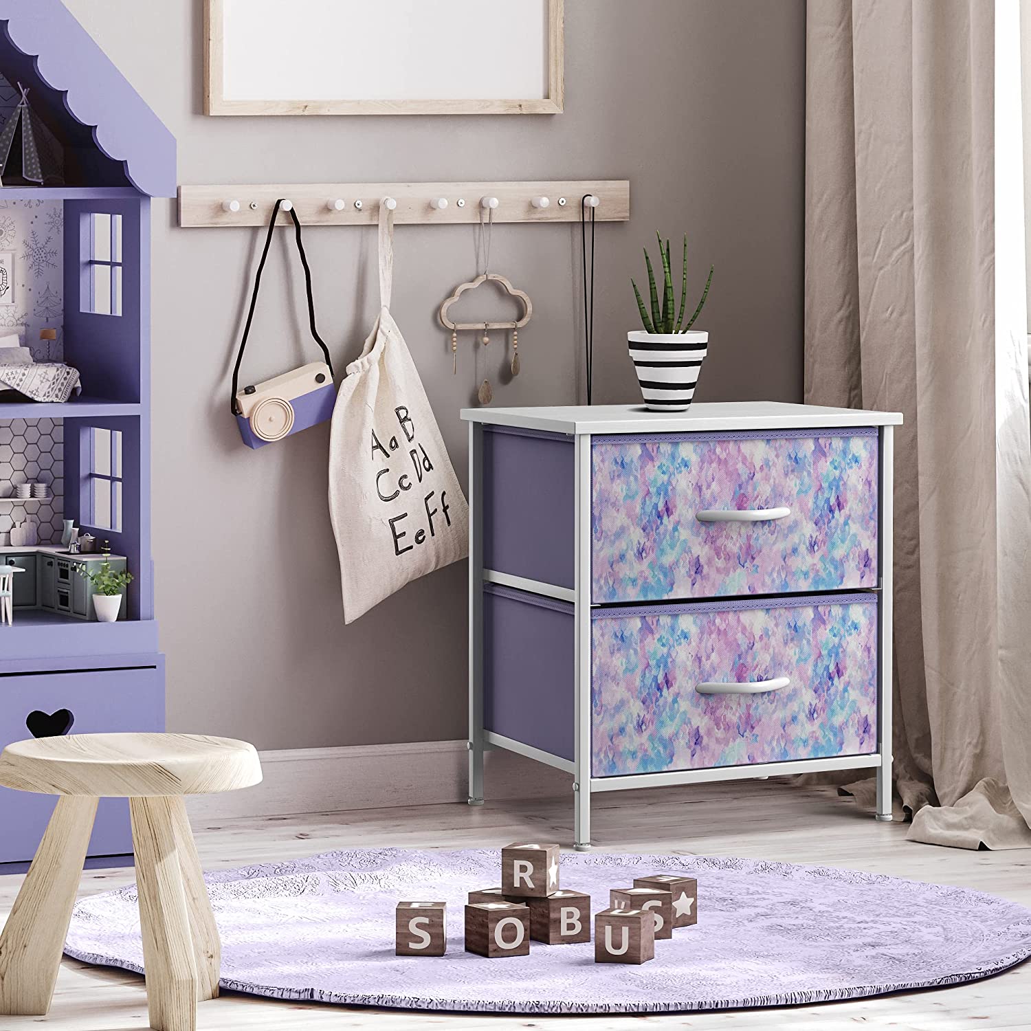 Sorbus Nightstand with Drawers Bedside Furniture  Accent End Table  Chest for Home, Bedroom, Office, College Dorm, Steel Frame, Wood Top, Easy  Pull Fabric Bins (2-Drawer, Blue/Pink/Purple