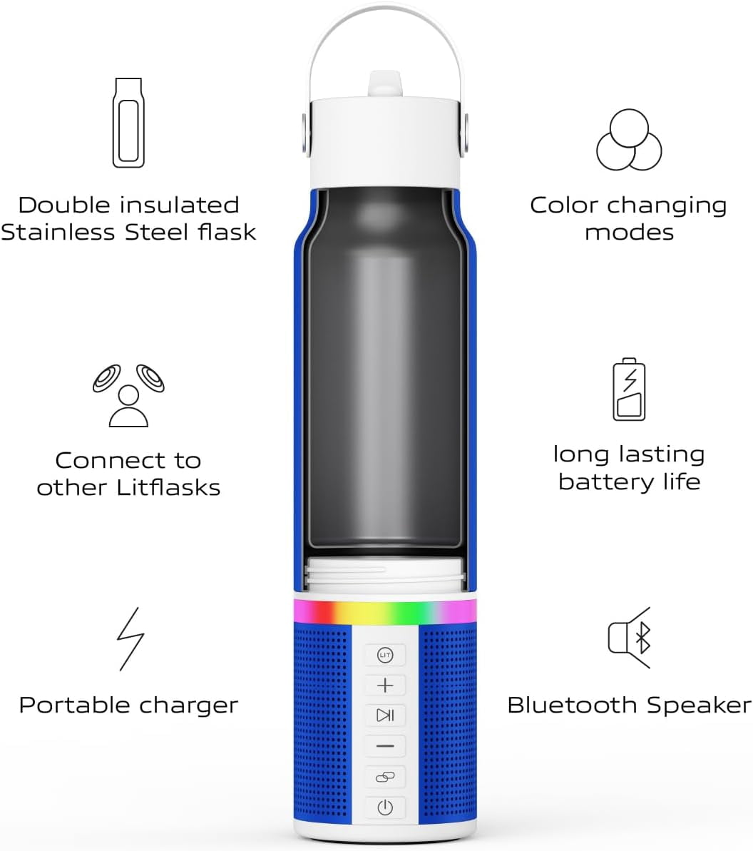 LITFLASK Smart Water Bottle with Premium Bluetooth Speaker, Blue, Portable Charger, LED Light, Stainless Steel, Mix & Match Colors, 20oz - Oprah's Favorite Things 2024