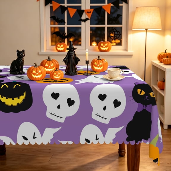 Duangreer Halloween Rectangle Tablecloth, Purple Cat Ghost Pumpkin Print, Table Cover with Waterproof Wrinkle Resistant for Party Decors, 60 x 84 Inch