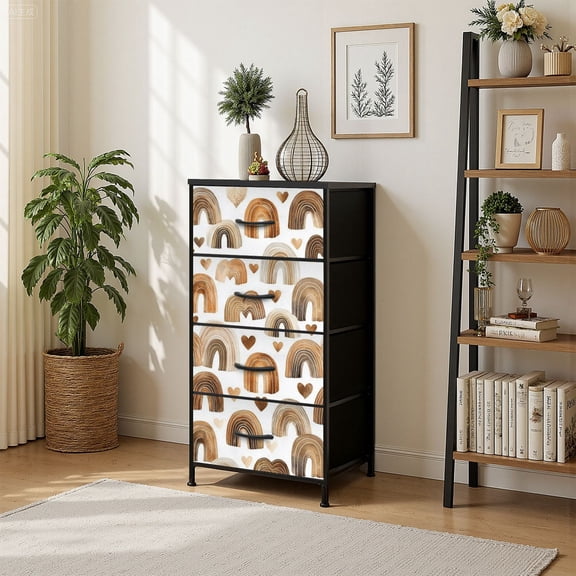 4 Drawer Vertical Storage Dresser Scandinavian boho nursery Rainbow neutral gender colors with Wood Top Fabric Pull Drawers