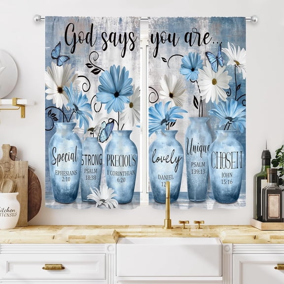 Farmhouse Teal Kitchen Curtains 27.5Wx39H Inch Rod Pocket Blue Flower Watercolor Eucalyptus Leaves Bedroom Window Drapes Inspirational Quote Printed Window Treatment Fabric 2 Panels