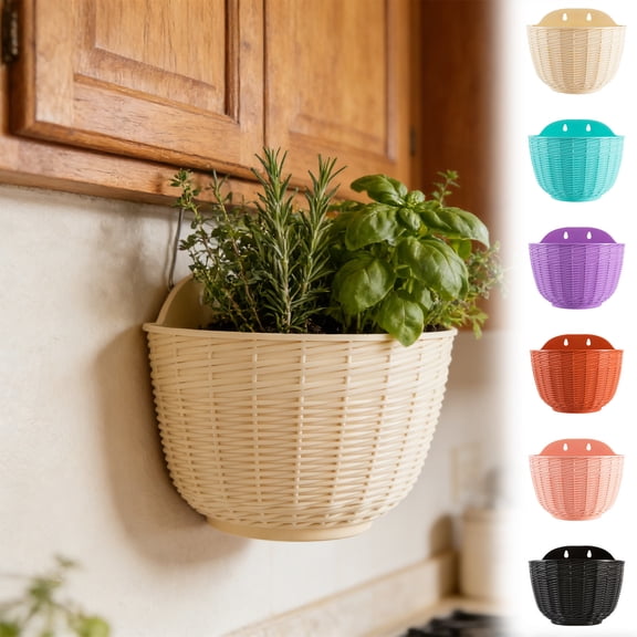Bowayaoa Semi Circle Hanging Wall Planter, Wall Mounted Half Round Flower Pot for Outdoor Indoor Decoration, Imitation Rattan Plastic Baskets Container, Drainage, for Home Office Balcony Fence