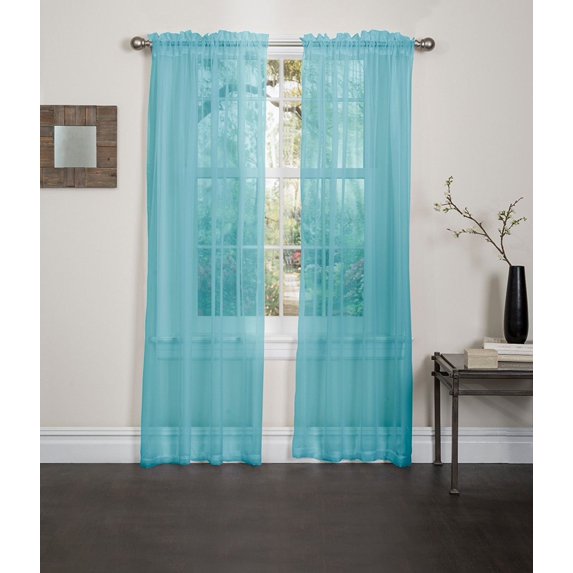 Linen Store 2 Piece Sheer Voile Window Curtain Rod Pocket Panels, total width 108" x 84" (Aqua)