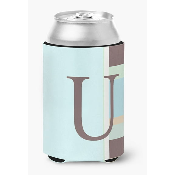 Letter U Initial Monogram - Blue Stripes Can or Bottle Beverage Insulator Hugger