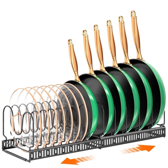 ORDORA Expandable Pot and Pan Organizer Rack, 14  Pot Lid Organizer Holder, Bakeware Adjustable Rack, Kitchen Cabinet Organizer for Bakeware Cutting Boards, Black