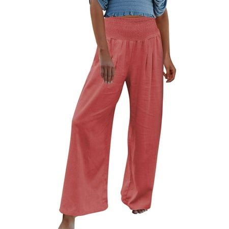 

Casual Pants For Women High Waist Wide Leg Palazzo Lounge Pants For Smocked Elastic Waist Loose Comfy Casual Pajama Pants Pockets