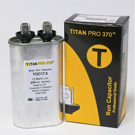 

TitanPro 17.5-370 TitanPro TOC17.5 HVAC Oval Motor Run Capacitor. 17.5 MFD/UF 370 Volts
