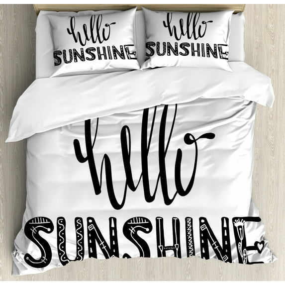 Hello Sunshine Duvet Cover Set King Size, Hand Drawn Lettering Motifs Inspirational Message Warm Season Words, Decorative 3 Piece Bedding Set with 2 Pillow Shams, Charcoal Grey White, by Ambesonne