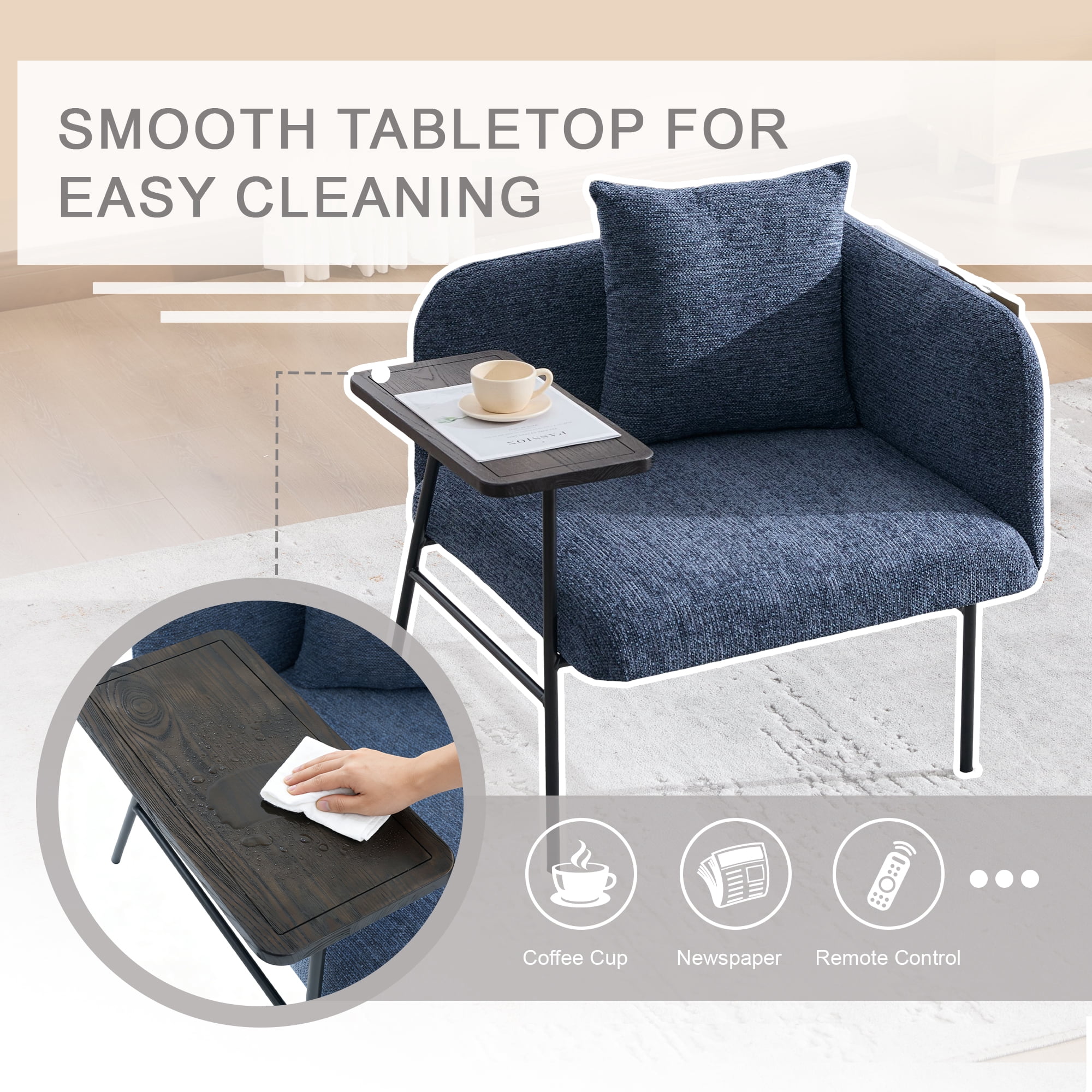Upholstered Accent Lounge Chair with Small Table and Back Pillow, Modern Single Sofa Armchair with Metal Frame and Side Pockets, Navy Reading Seating for Bedroom Home Office