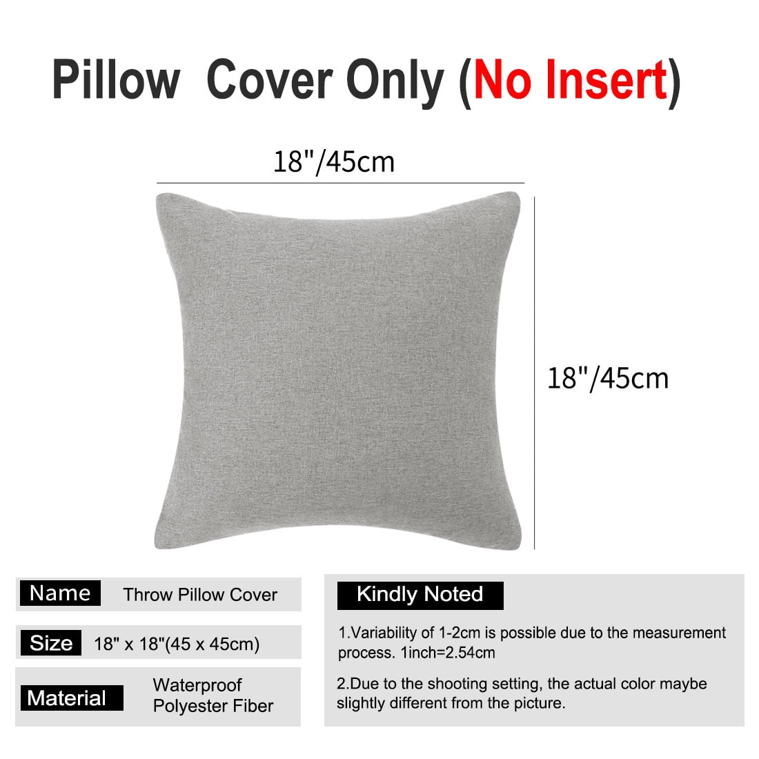 Unique Bargains 2-Pack Solid Waterproof Decorative Throw Pillow Covers Gray 18" x 18"