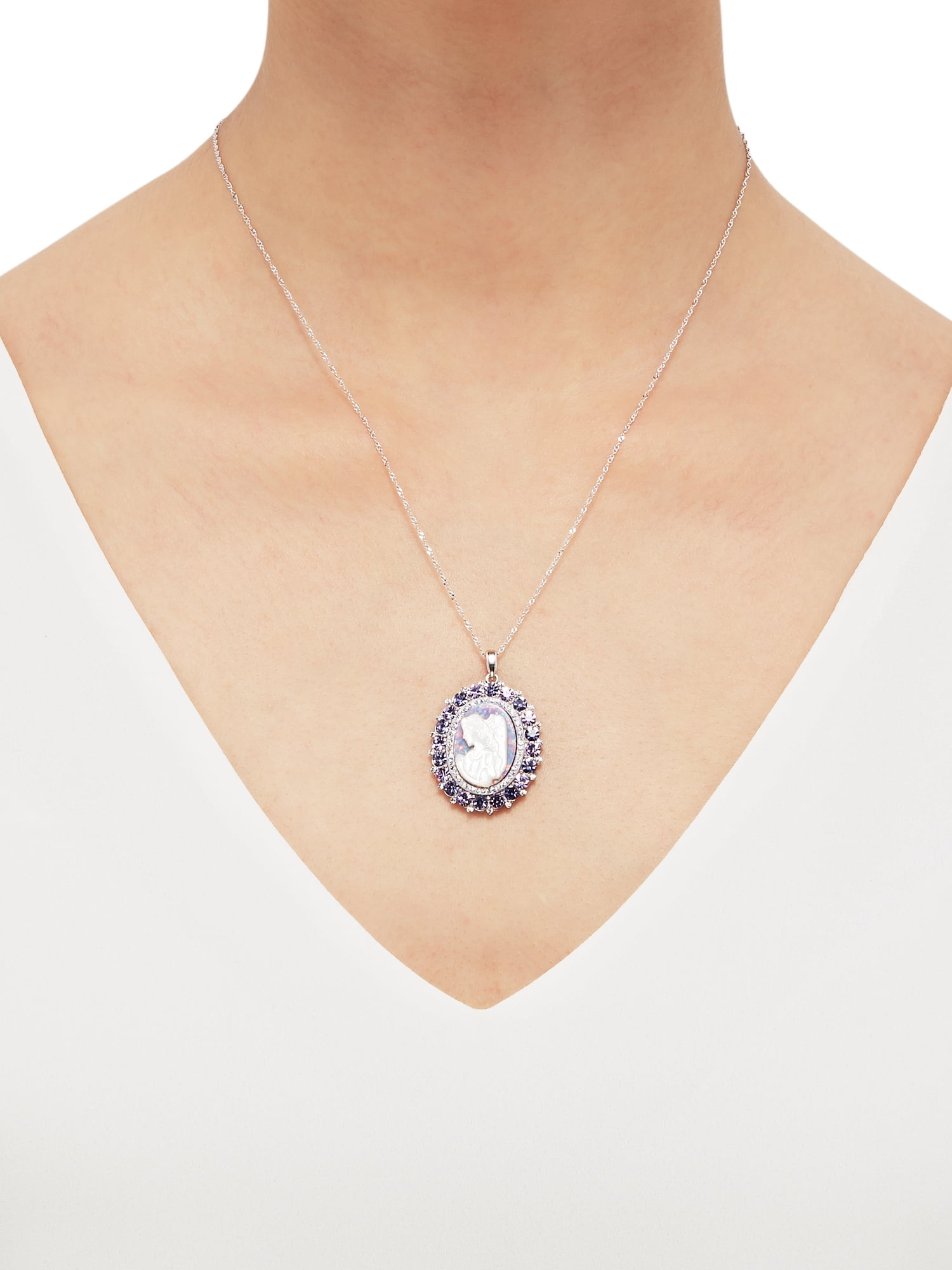 Brilliance Fine Jewelry Oval Mother of Pearl Crystal Angel Pendant in Sterling Silver,18"