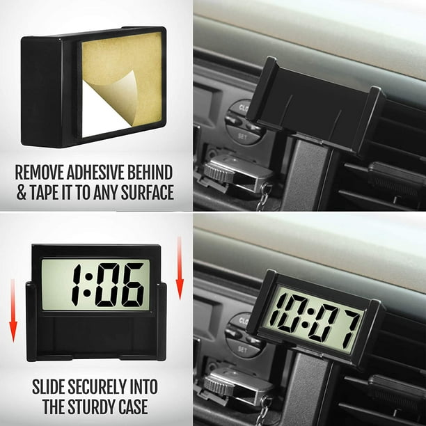 Betus Horloge numérique pour tableau de bord de voiture – Horloge adhésive  pour véhicule avec affichage Jumbo LCD de l'heure et du jour – Mini montre  autocollante pour voiture, camion, tableau de