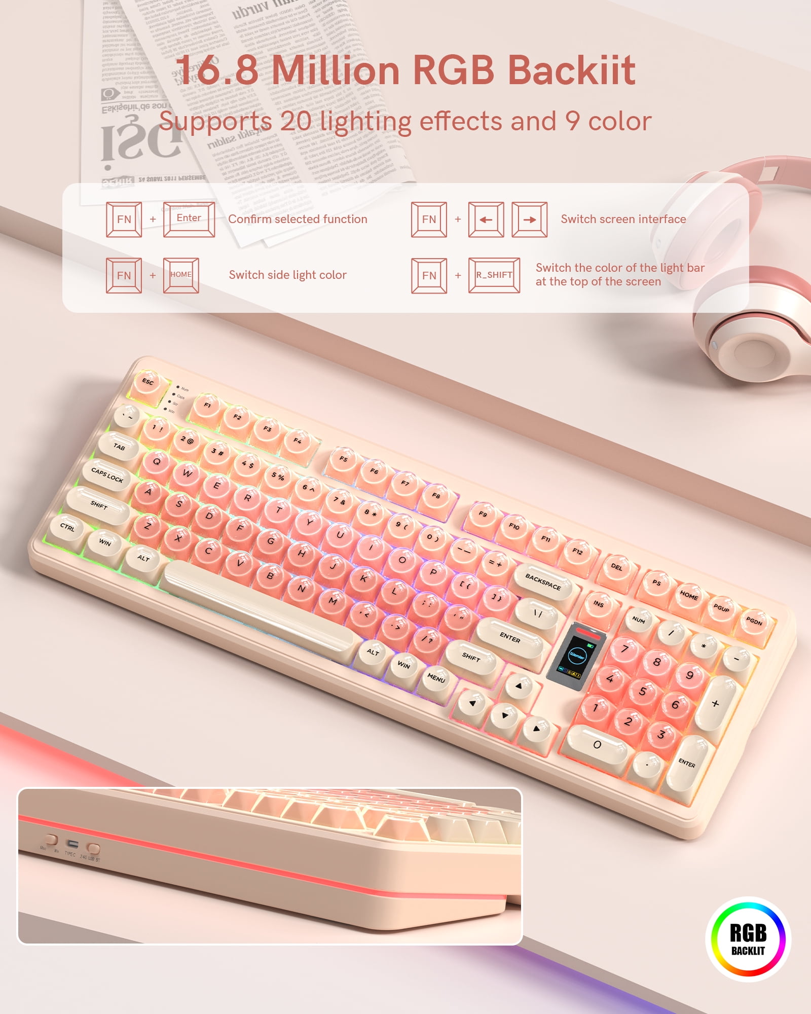 COSTOM Wireless Mechanical Keyboard, 98% Hot Swappable Custom Keyboards Gaming Keyboard,3 Mode with Multimedia Screen,RGB Backlit,Crystal Jelly keycaps for Win/Mac,Pink