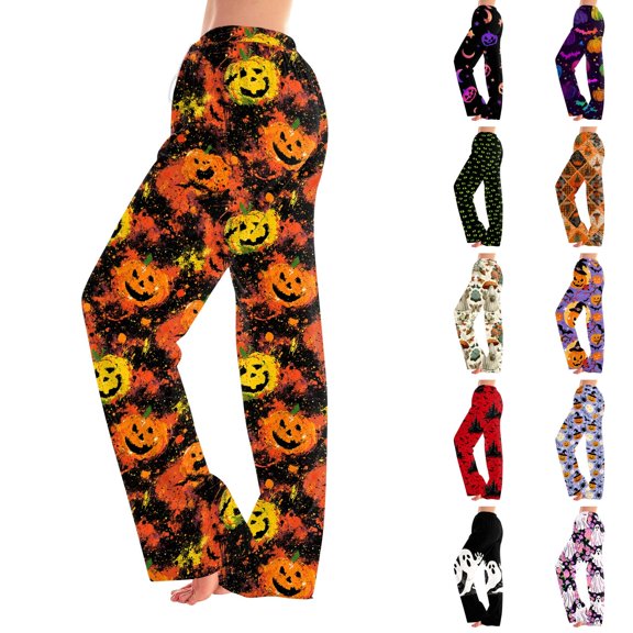 Zydvens Women Halloween Pajama Pants Wide Leg Lounge Wear with Pockets Soft Elastic Waist Drawstring Sleepwear Bottoms Splatter Pumpkin Print Costume Cosplay Party S-3XL