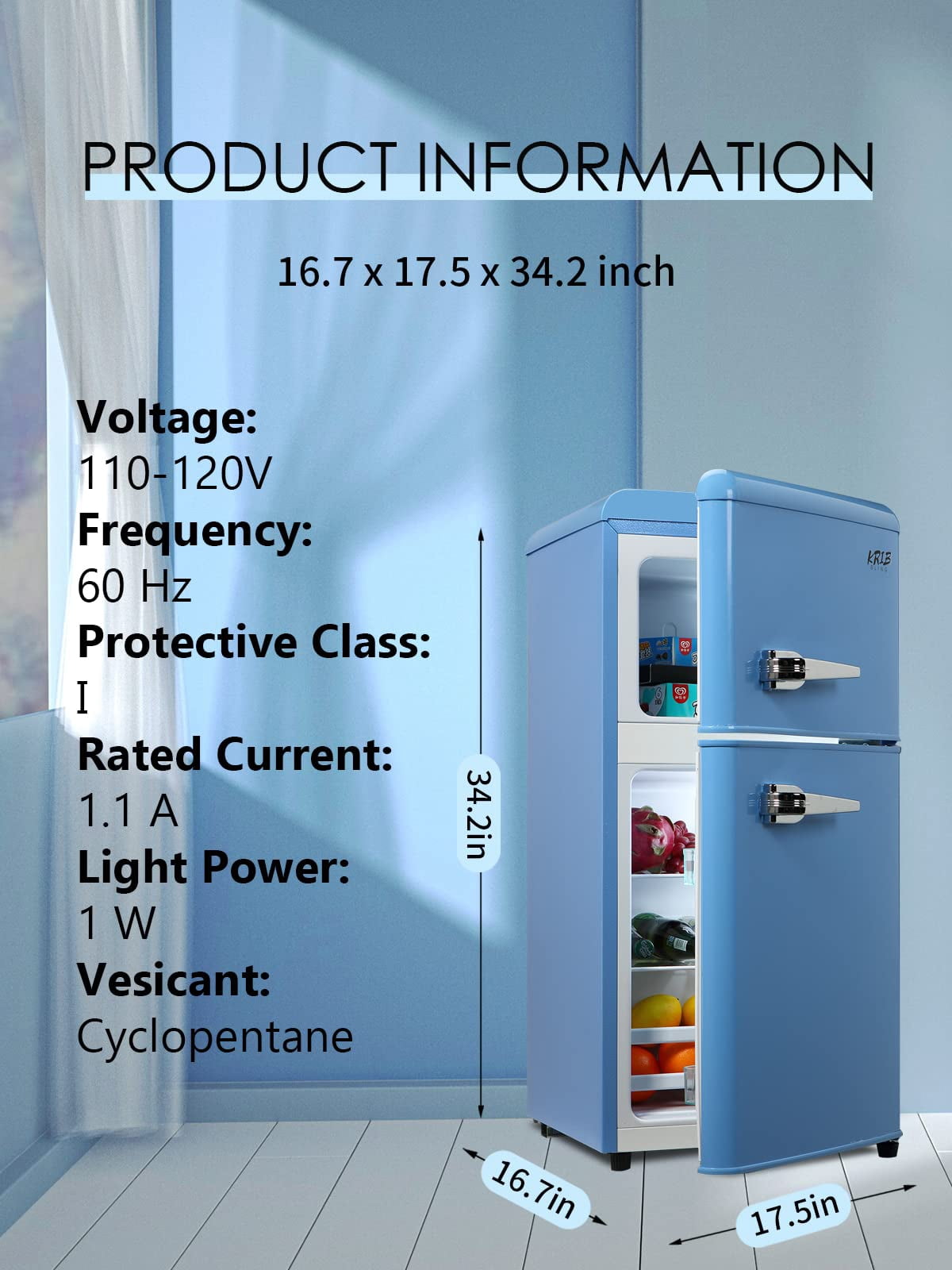 3.5 Cu.ft Compact Refrigerator, Retro Mini Fridge with Freezer, Small Drink Chiller with 2 Door Adjustable Mechanical Thermostat for Home, Office,Dorm or RV Blue