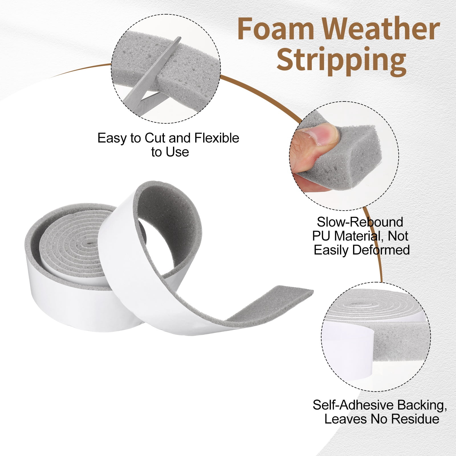 2" x 3/16" Foam Weather Stripping, Self Adhesive Door Seal Insulation Strips, Soundproofing Foam Seal Tape for Door/Window, Air Conditioning (26.25 Ft Total Length in 4 Roll)