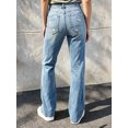 thumbnail image 2 of Women's High Waisted Ripped Straight Leg Denim Jeans with Distressed Knee Hole and Double Button Fly, Light Blue Washed Frayed Hem Long Pants, 2 of 7
