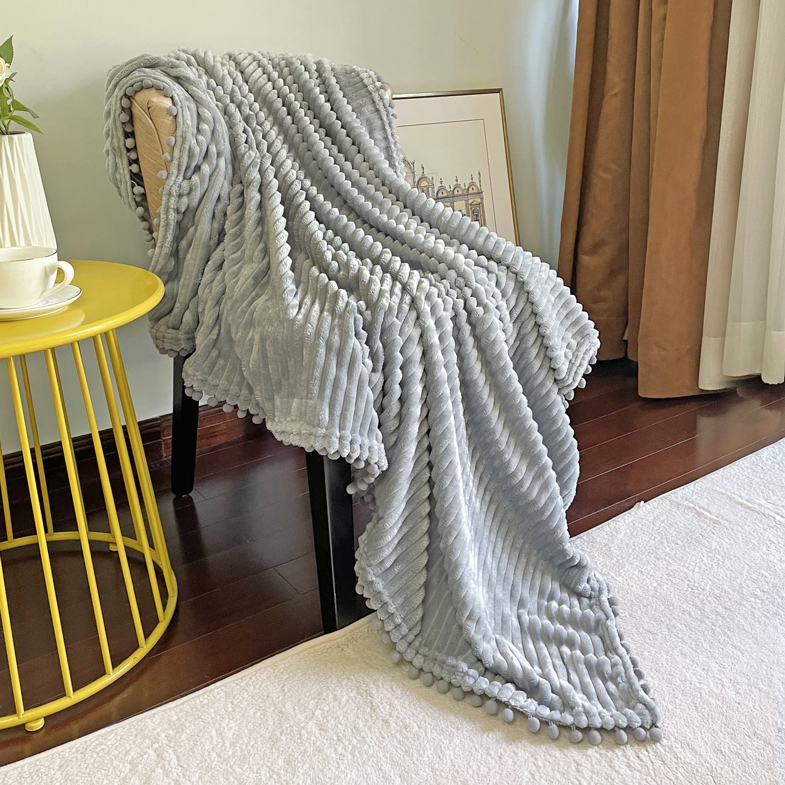 DISSA Flannel Fleece Blankets with Pompom Fringe Lightweight Soft Throw
