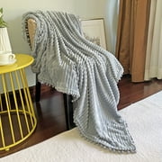 DISSA Flannel Fleece Blankets with Pompom Fringe Lightweight Soft Throw Blanket Fit Sofa Twin Bed(Grey,60x80")