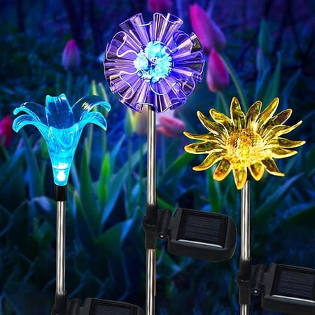 7 Color-Changing LED Solar Garden Stake Lights  3 Pack Outdoor Solar Powered Flower Lights Waterproof Figurines Decor Landscape Pathway Lights for Garden  Yard  Lawn  Patio
