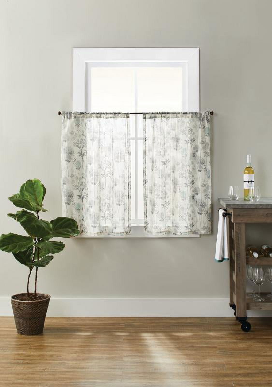 Better Homes & Gardens Tranquil Floral Light Filtering Rod Pocket Kitchen Curtain Tier and Valance Set, 3-Piece, Gray, 56 x 36