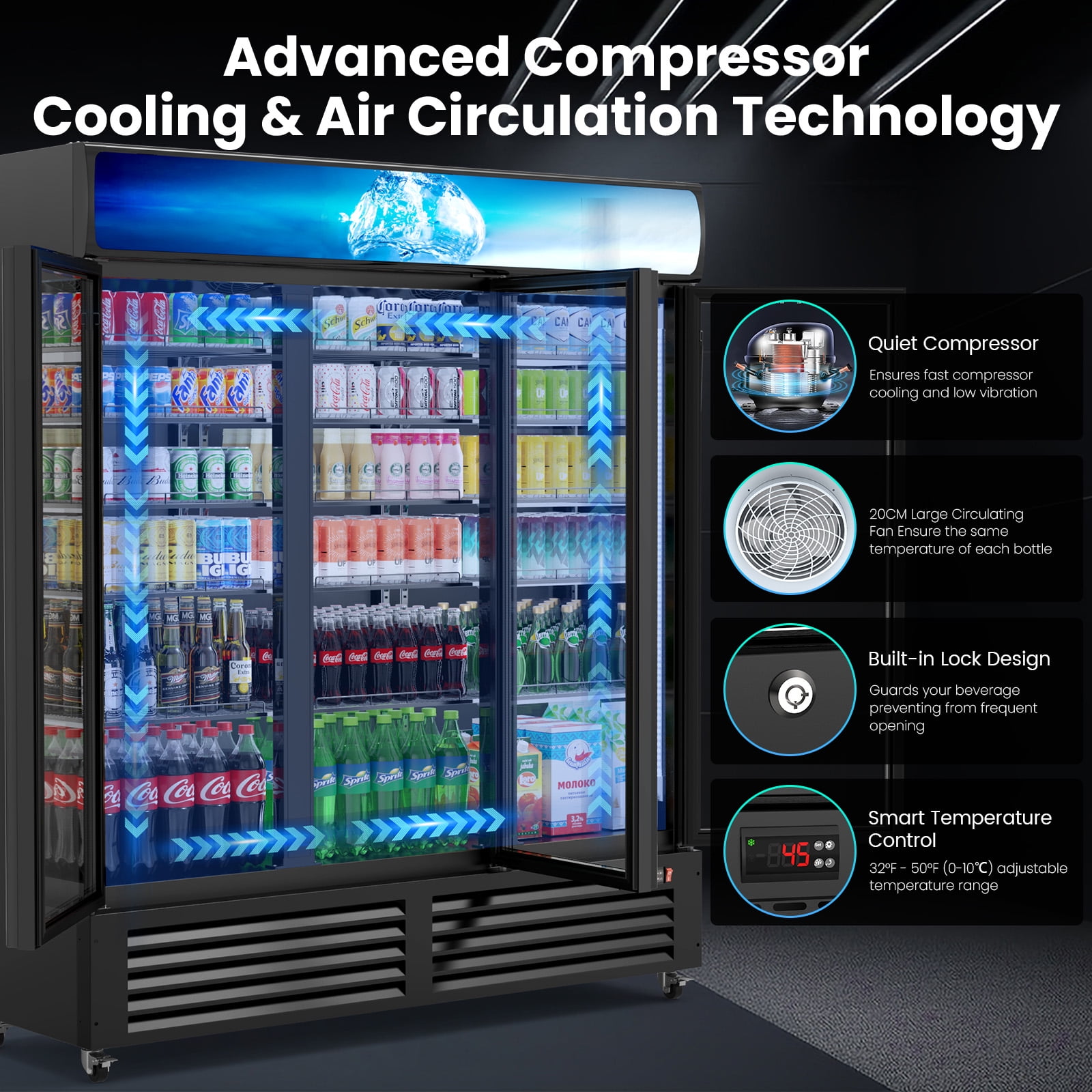 56 Cu Ft Commercial Display Fridge for Beverage,3 Glass Door Upright Refrigerator Merchandiser with Front LED Light
