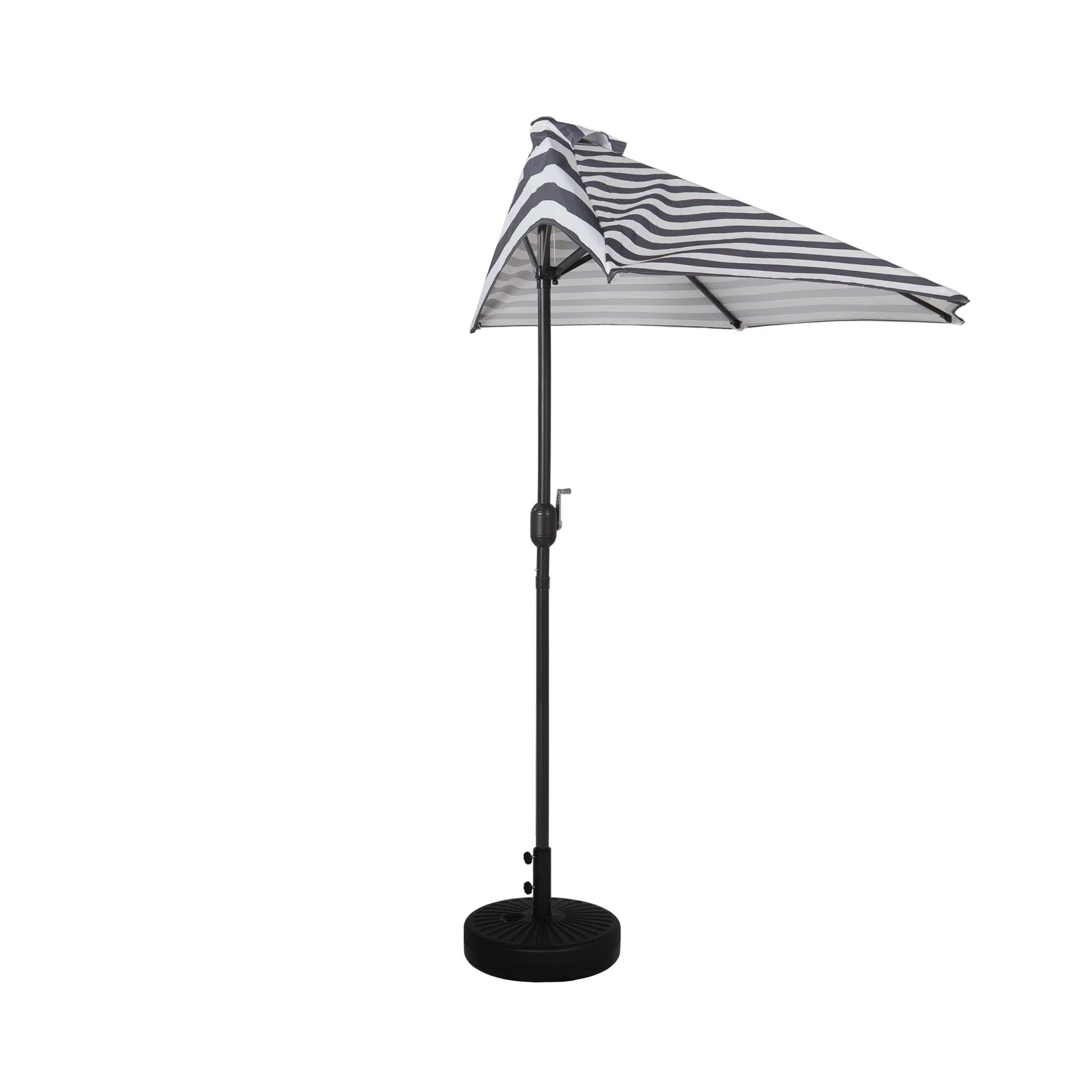 9 ft Half Market Umbella with Black Round Free Standing Plastic Base, Gray/White Stripe