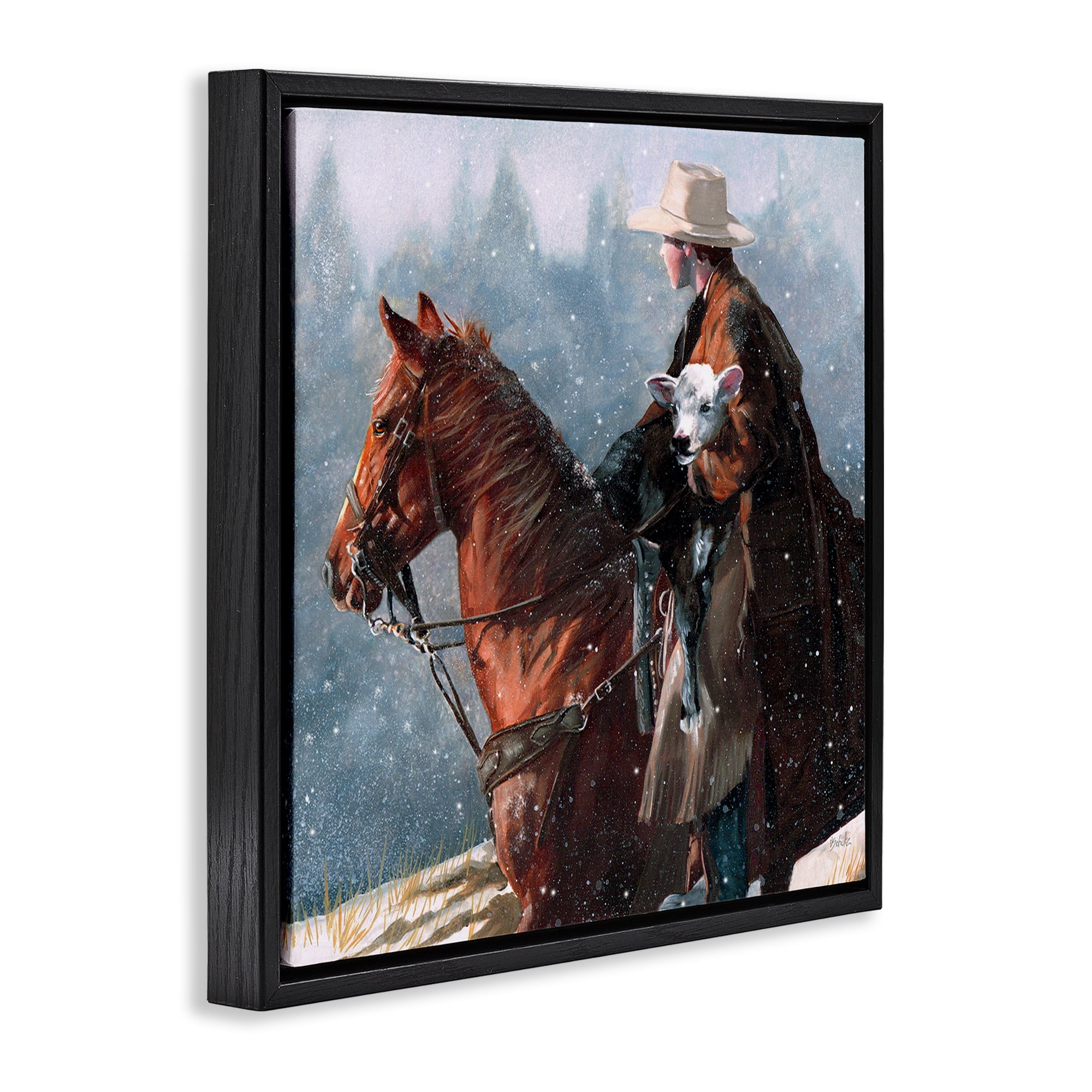 Stupell Industries Cowboy Snow Scene Animals & Insects Painting Black Floater Framed Canvas Art Print Wall Art, 18 x 18