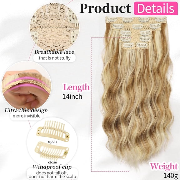 WEIF-Short Hair Extensions 6PCS 14 Inch Wavy Curly Hairpieces Synthetic Soft Lace Weft Clip in Hair Extensions-Honey Blonde to Bleach Blonde for Women