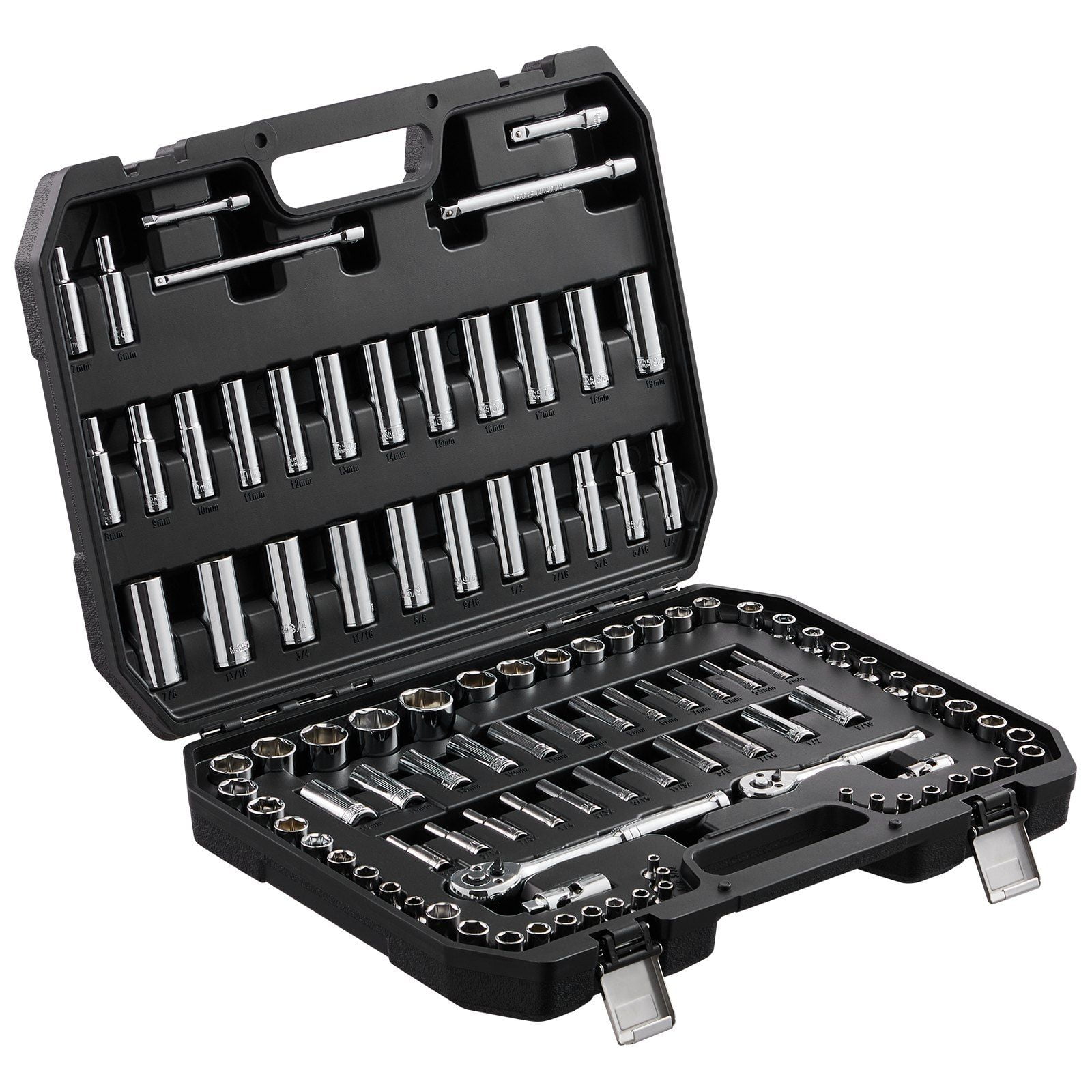 106-Piece Socket Set with 1/4" & 3/8" Drive  SAE & Metric  Standard & Deep Sockets  6-Point Design  Includes Ratchet & Accessories in Storage Case