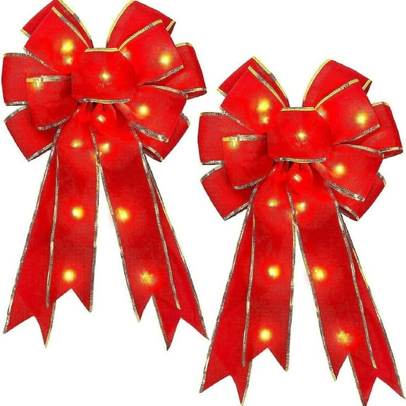 2 Pack Pre-Lit Red Christmas Bows 19.6"x11", Large LED Lighted Bows with Battery Operated Lights, Double-Layer Gold Wired Edge Holiday Bows for Christmas Tree Topper, Wreath, Indoor Home Party Decor