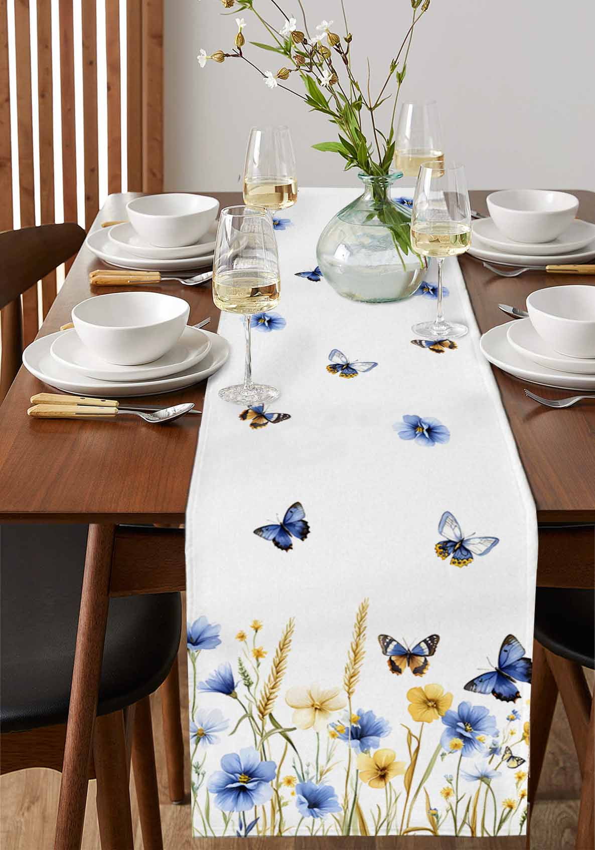 nqOlkjepod Butterflies Floral Table Runner 60 Inches Long Farmhouse Dress Scarves, Country Plants Wildflower Leaves Dining Tablerunner for Coffee Table/Kitchen Island/Party Décor, 13" x 60"
