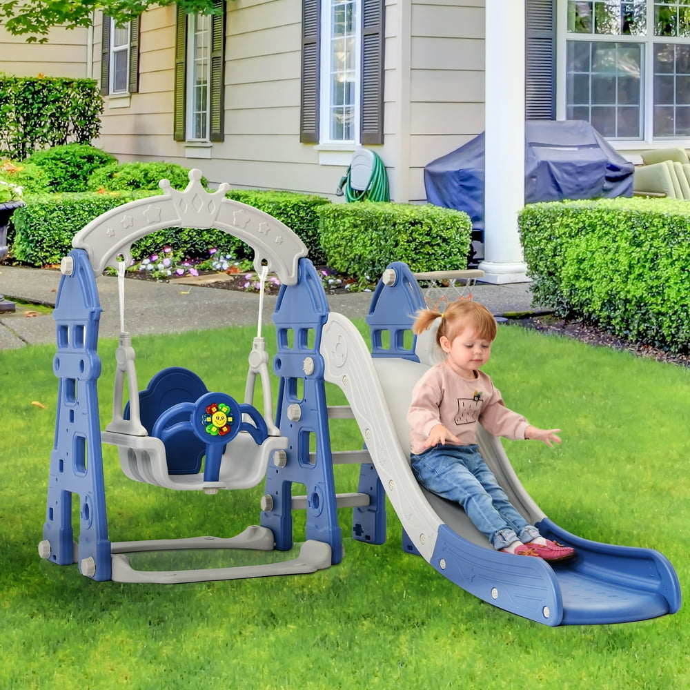 EUROCO 4 in 1 Slide and Swing Set, Kid Slide Climber with Basketball